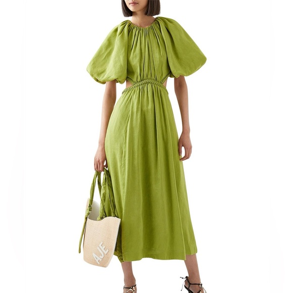 Aje Dresses & Skirts - Aje Capucine Lime Green Midi Dress with Puff Sleeves